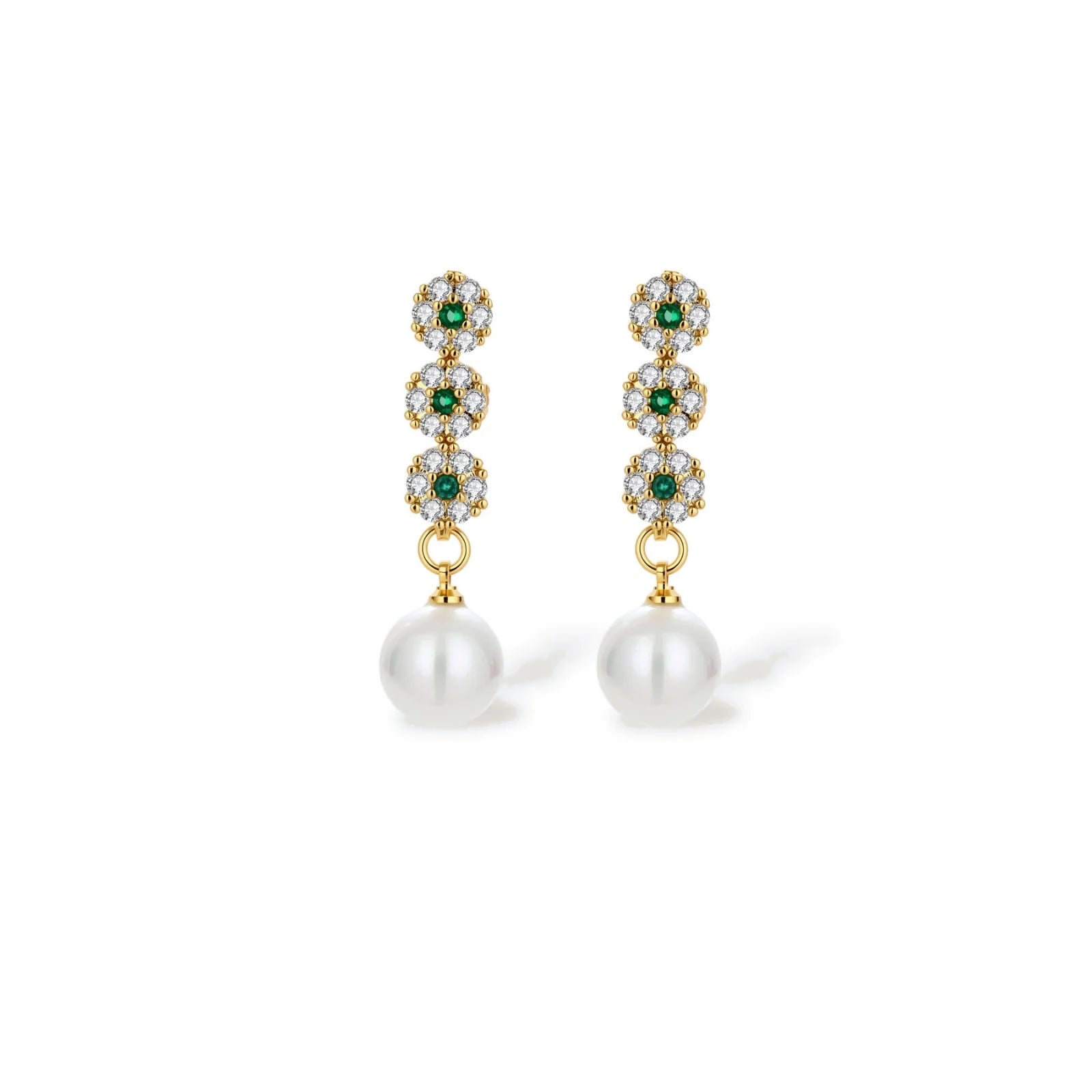 Gold-plated jewelry set with green cubic zirconia floral motifs, featuring matching necklace and pearl drop earrings