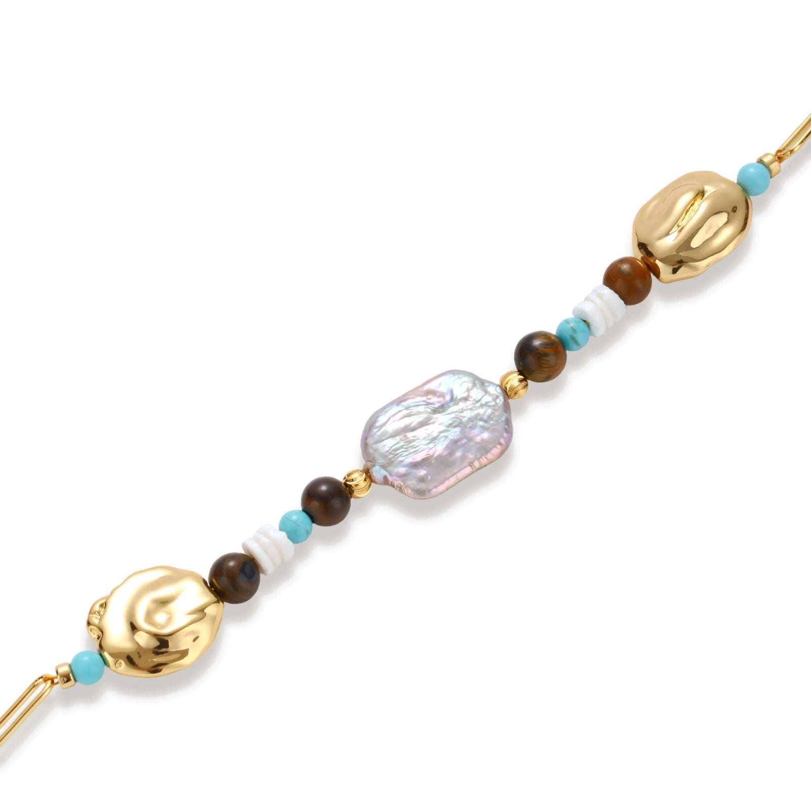 Gold-plated bracelet with baroque pearl centerpiece, turquoise and amber natural stones on adjustable chain against white background.