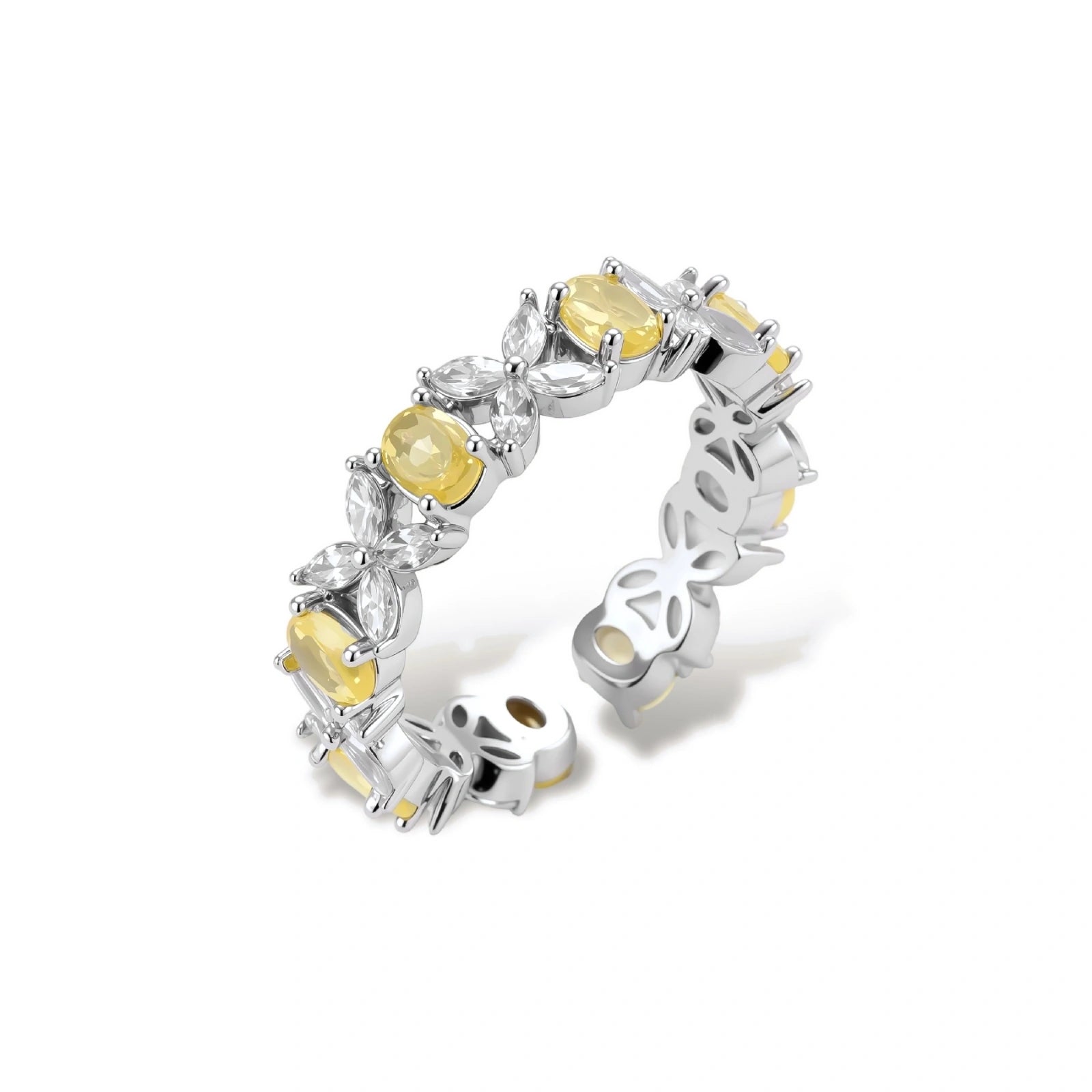 Close-up of platinum-plated copper eternity ring featuring alternating yellow and clear marquise-cut stones in elegant band setting.