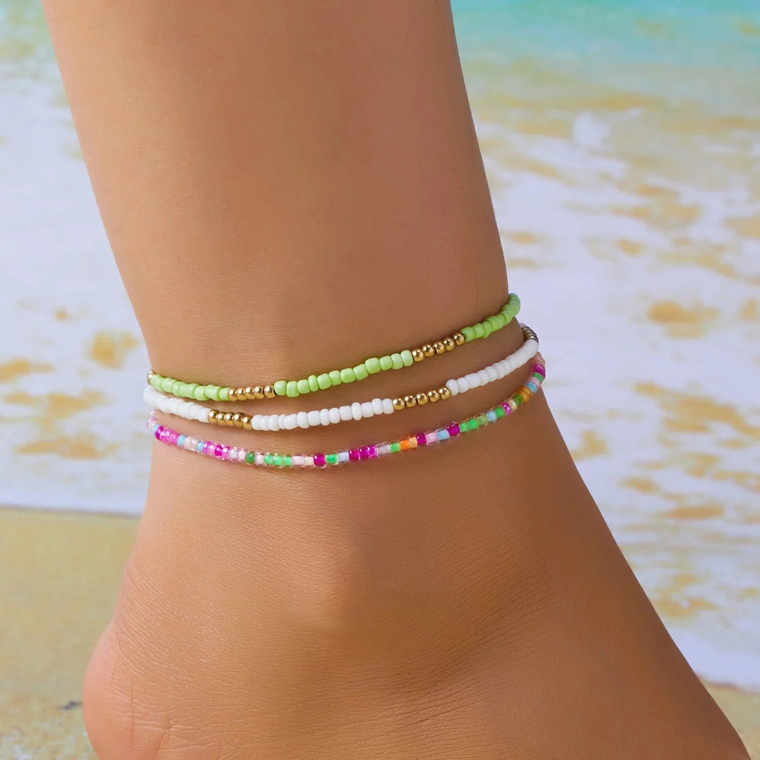 Bohemia Multilayer Rice Bead Anklet Set with Starfish Pendant for Women - Summer Beach Ankle Jewelry