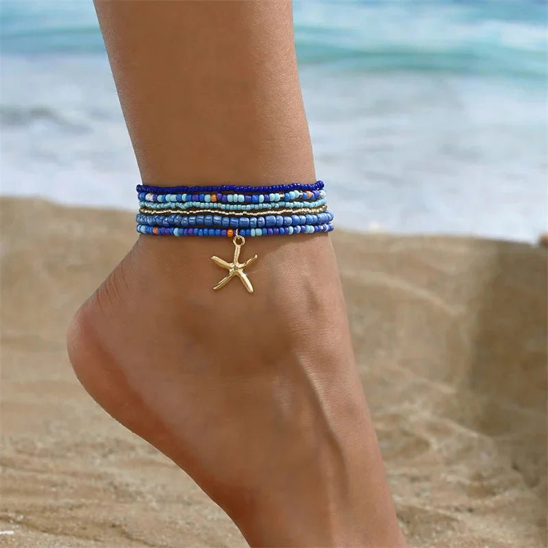 Bohemia Multilayer Rice Bead Anklet Set with Starfish Pendant for Women - Summer Beach Ankle Jewelry