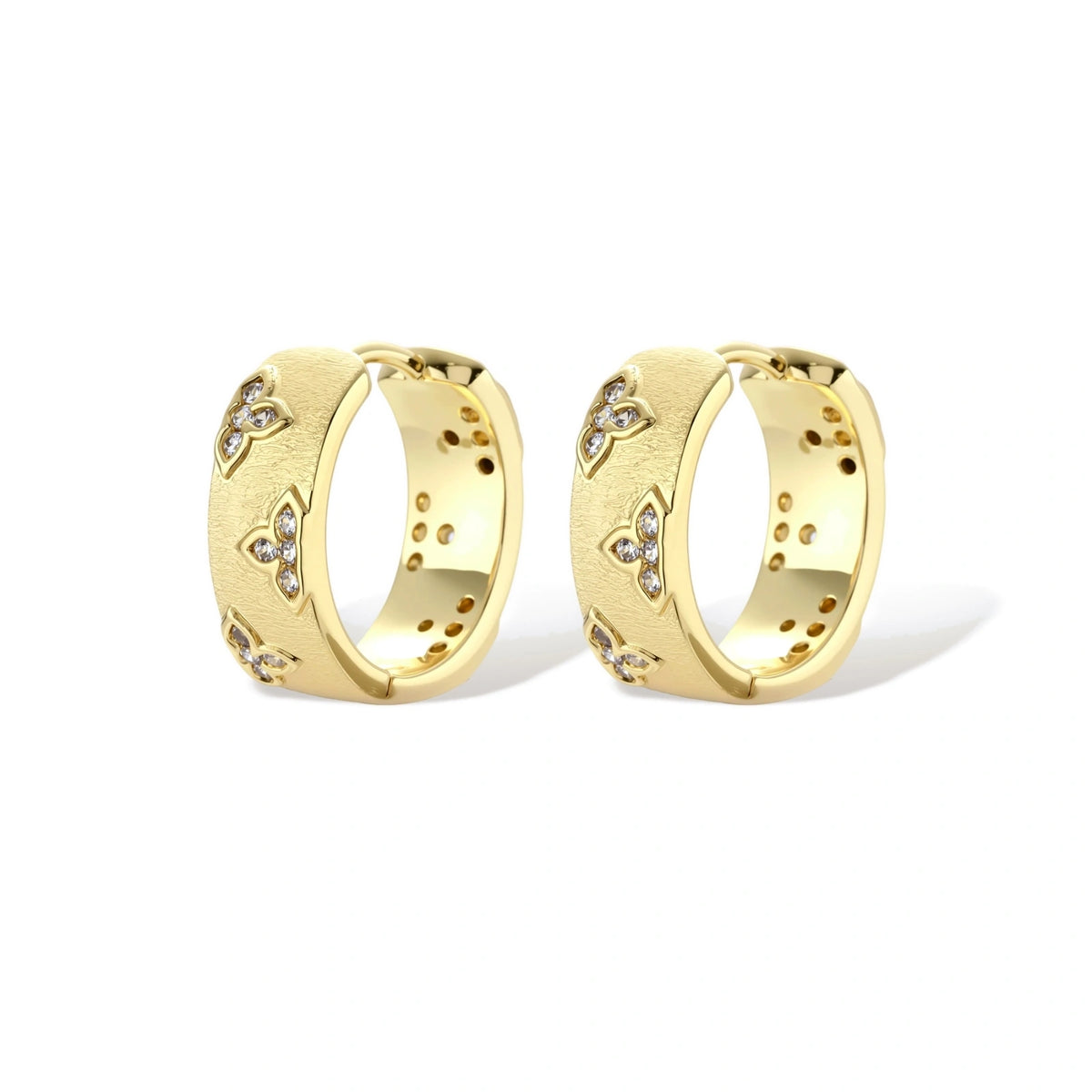 Floral Zirconia Huggie Hoop Earrings – 14K Gold-Plated – alternate view 2