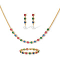 Gold-plated jewelry set with red, green, and blue cubic zirconia stones including necklace, bracelet, and drop earrings.