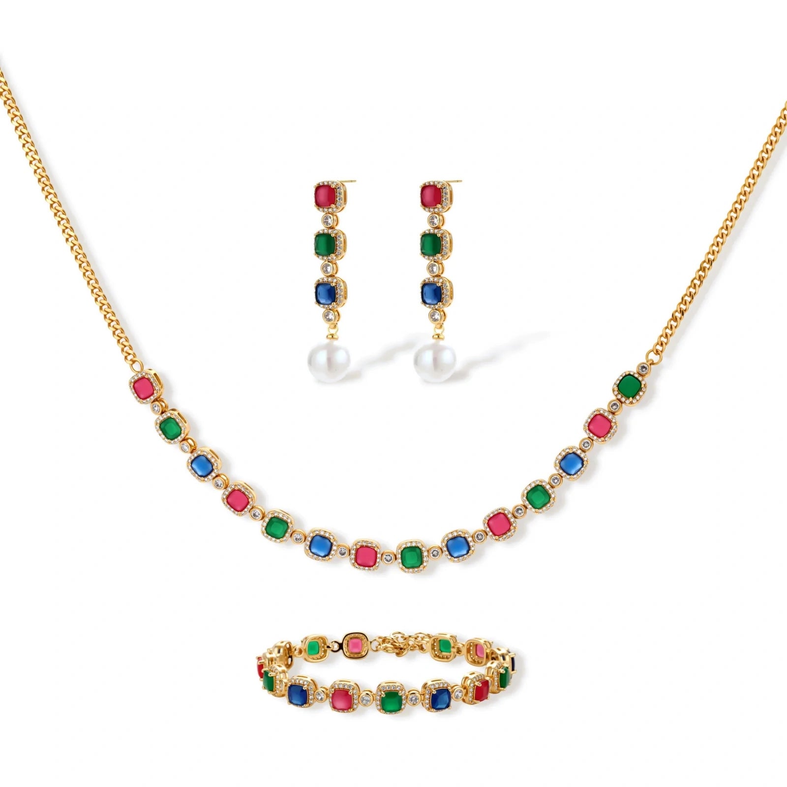 Gold-plated jewelry set with red, green, and blue cubic zirconia stones including necklace, bracelet, and drop earrings.