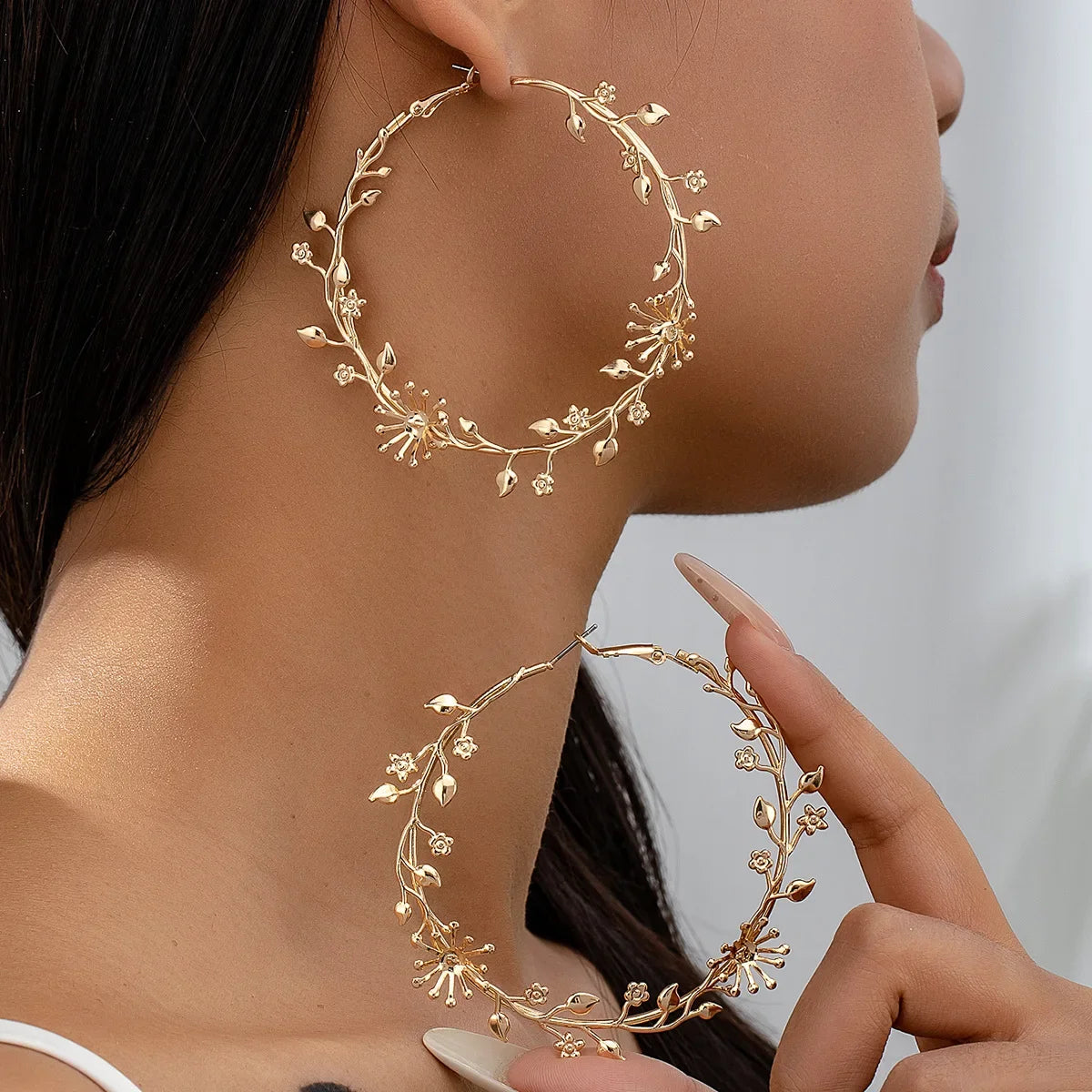 Floral Leaf Hoop Earrings – Gold-Tone – alternate view 2
