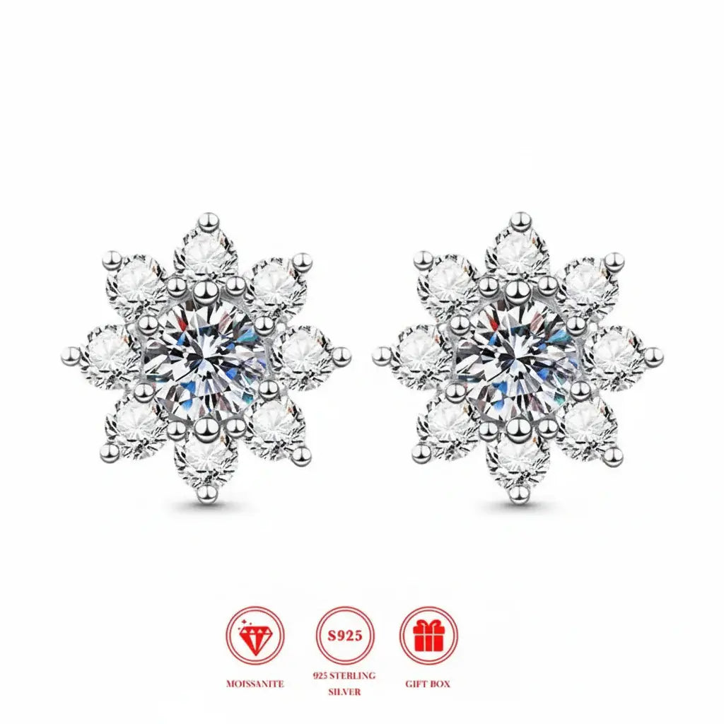 Moissanite Snowflake Sunflower Earrings in 925 Silver – Elegant Floral Studs Gift for Women