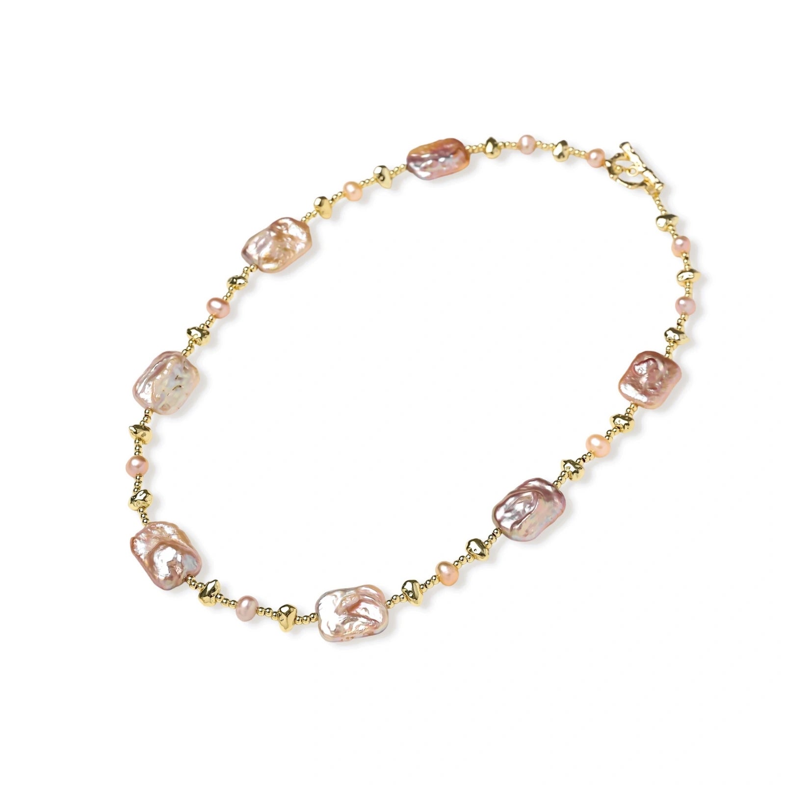 Iridescent baroque pearls alternating with small freshwater pearls on 14K gold-plated chain