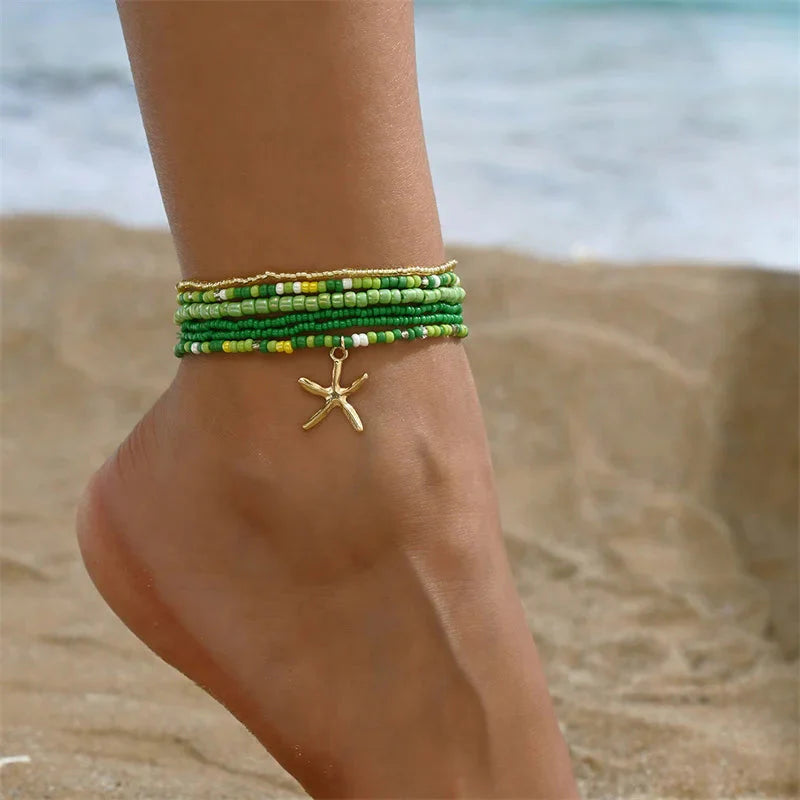 Bohemia Multilayer Rice Bead Anklet Set with Starfish Pendant for Women - Summer Beach Ankle Jewelry