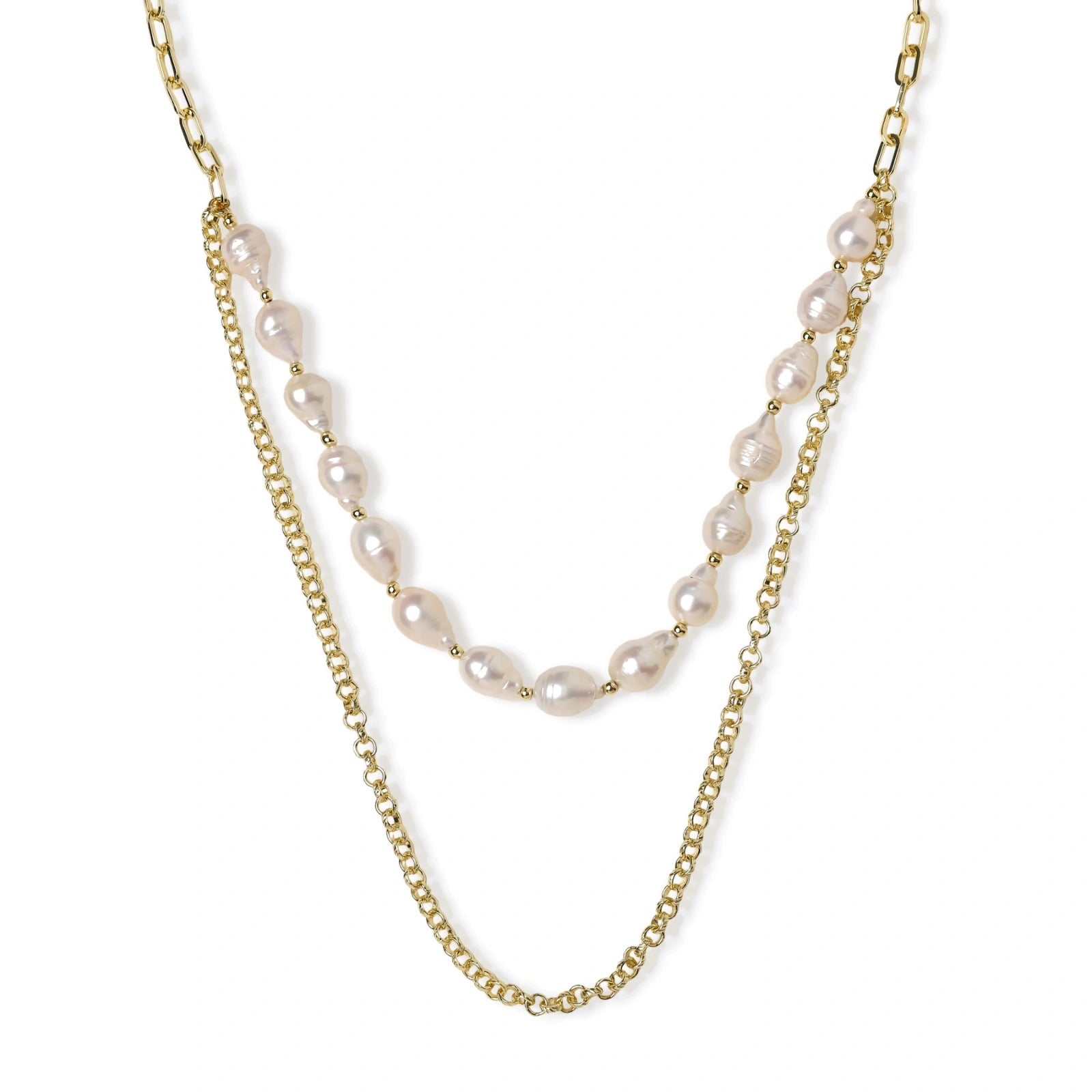 Layered gold chain necklace with organic baroque freshwater pearls and adjustable length on cream background