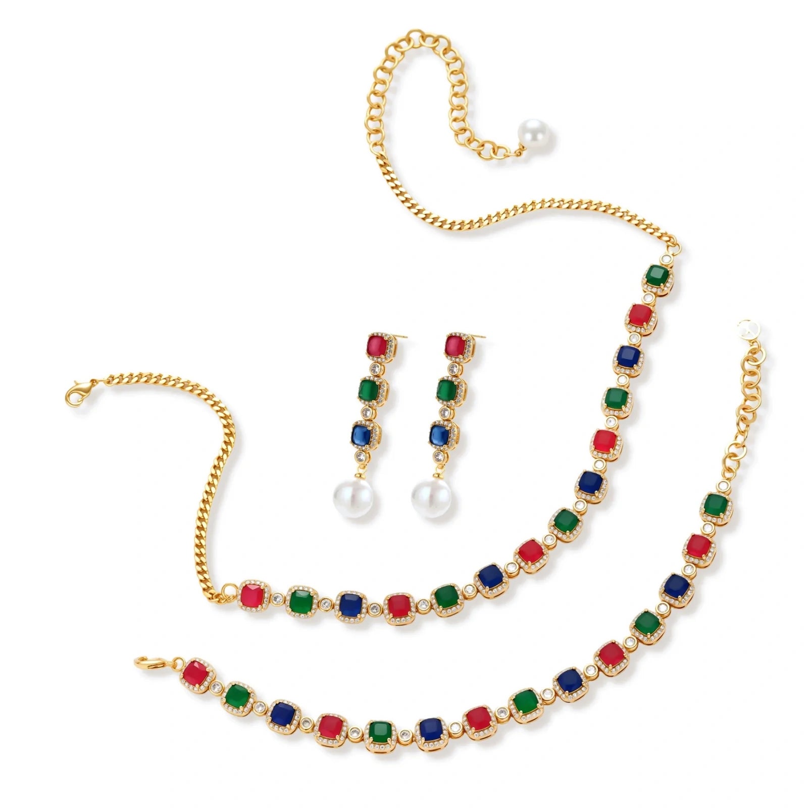Gold-plated jewelry set with red, green, and blue cubic zirconia stones including necklace, bracelet, and drop earrings.