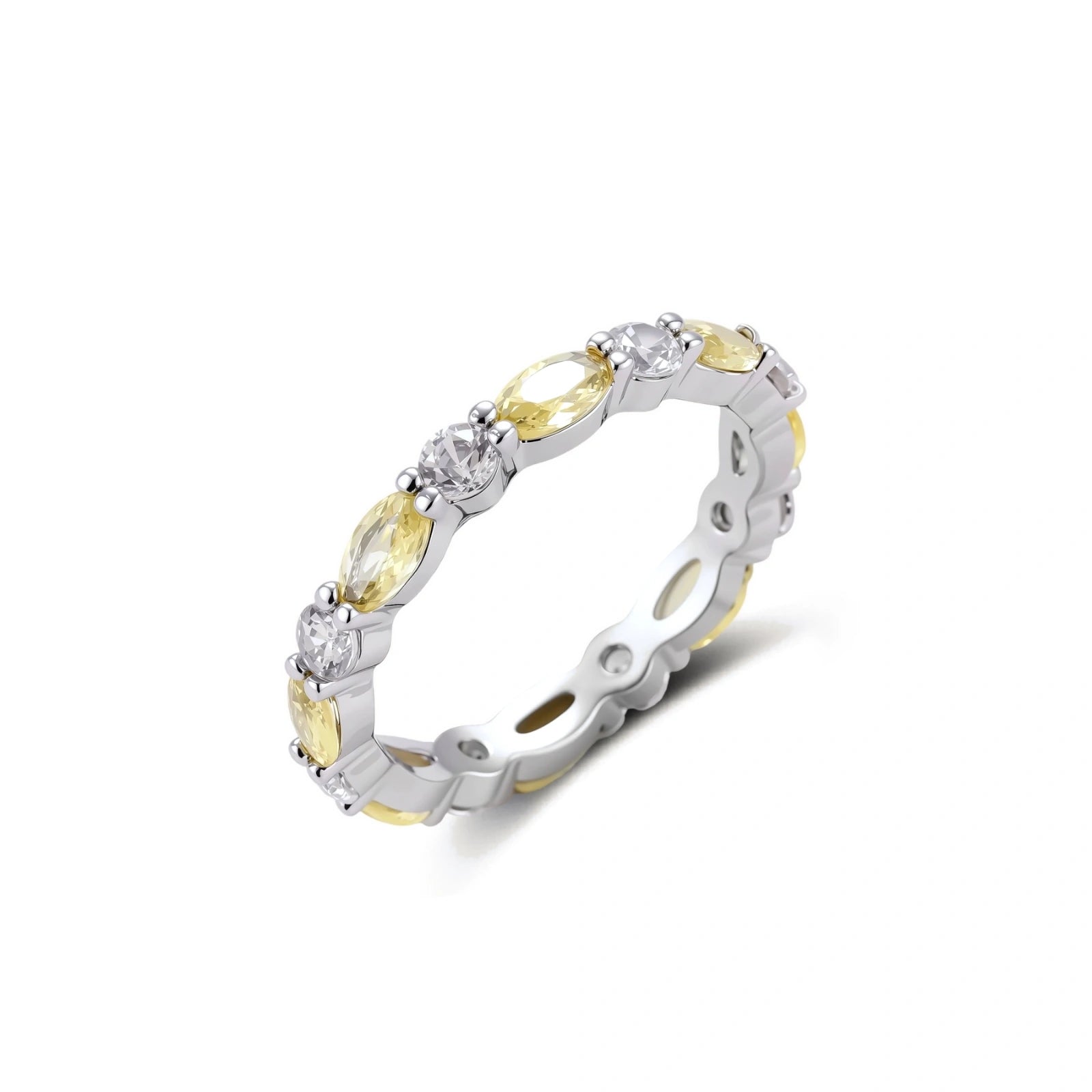 Platinum-plated copper ring with alternating clear and pale yellow oval stones in an eternity band design on white background.