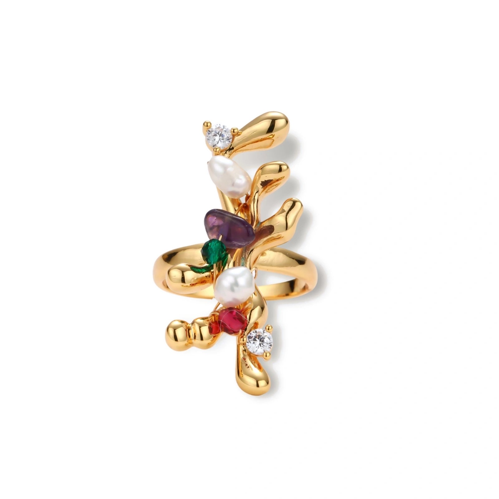 Gold-plated adjustable ring with organic floral design featuring multicolored natural stones and freshwater pearls.