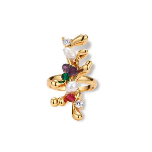 Gold-plated adjustable ring with organic floral design featuring multicolored natural stones and freshwater pearls.