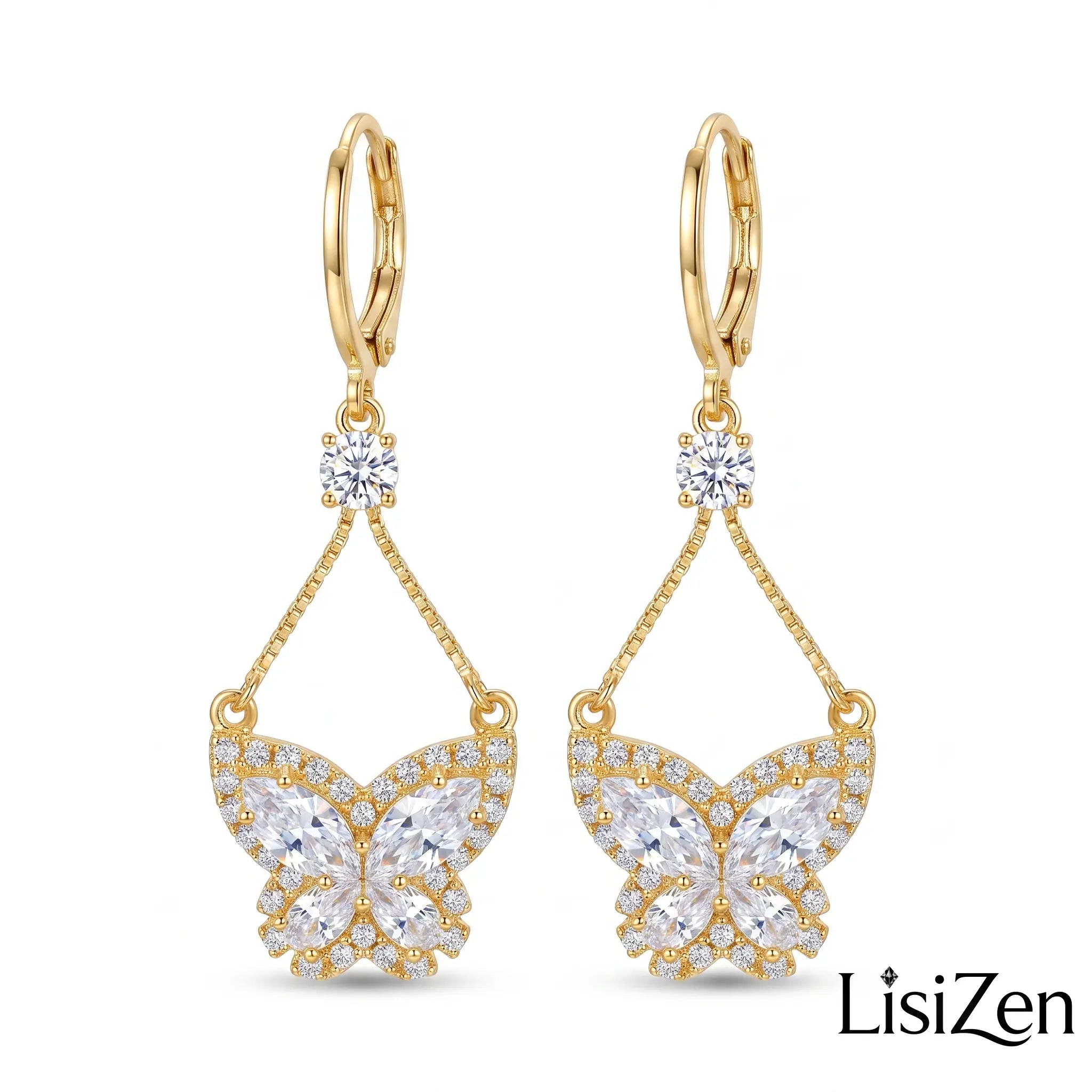 Zircon Butterfly Drop Earrings — pavé cubic zirconia butterfly with teardrop drop