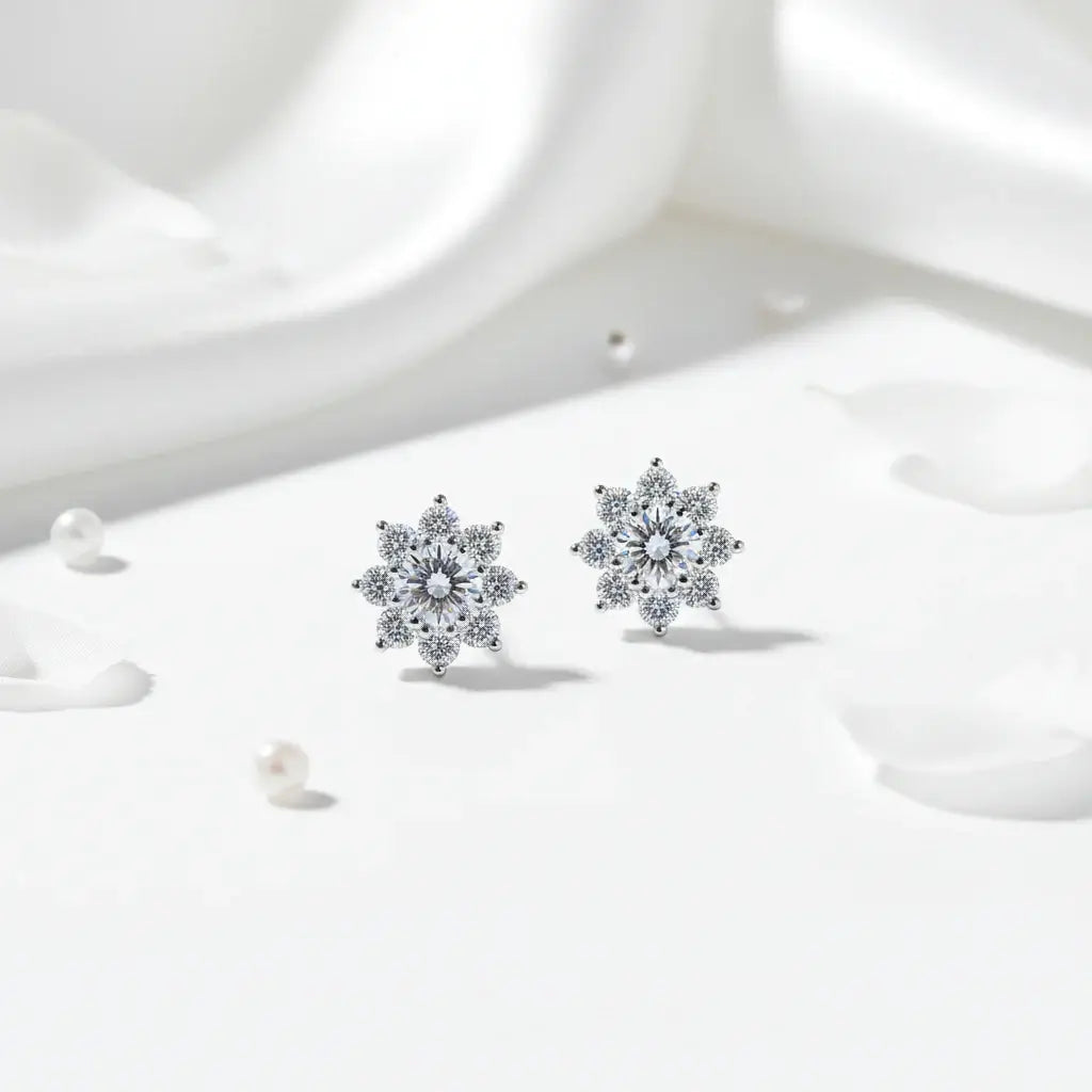 Moissanite Snowflake Sunflower Earrings in 925 Silver – Elegant Floral Studs Gift for Women