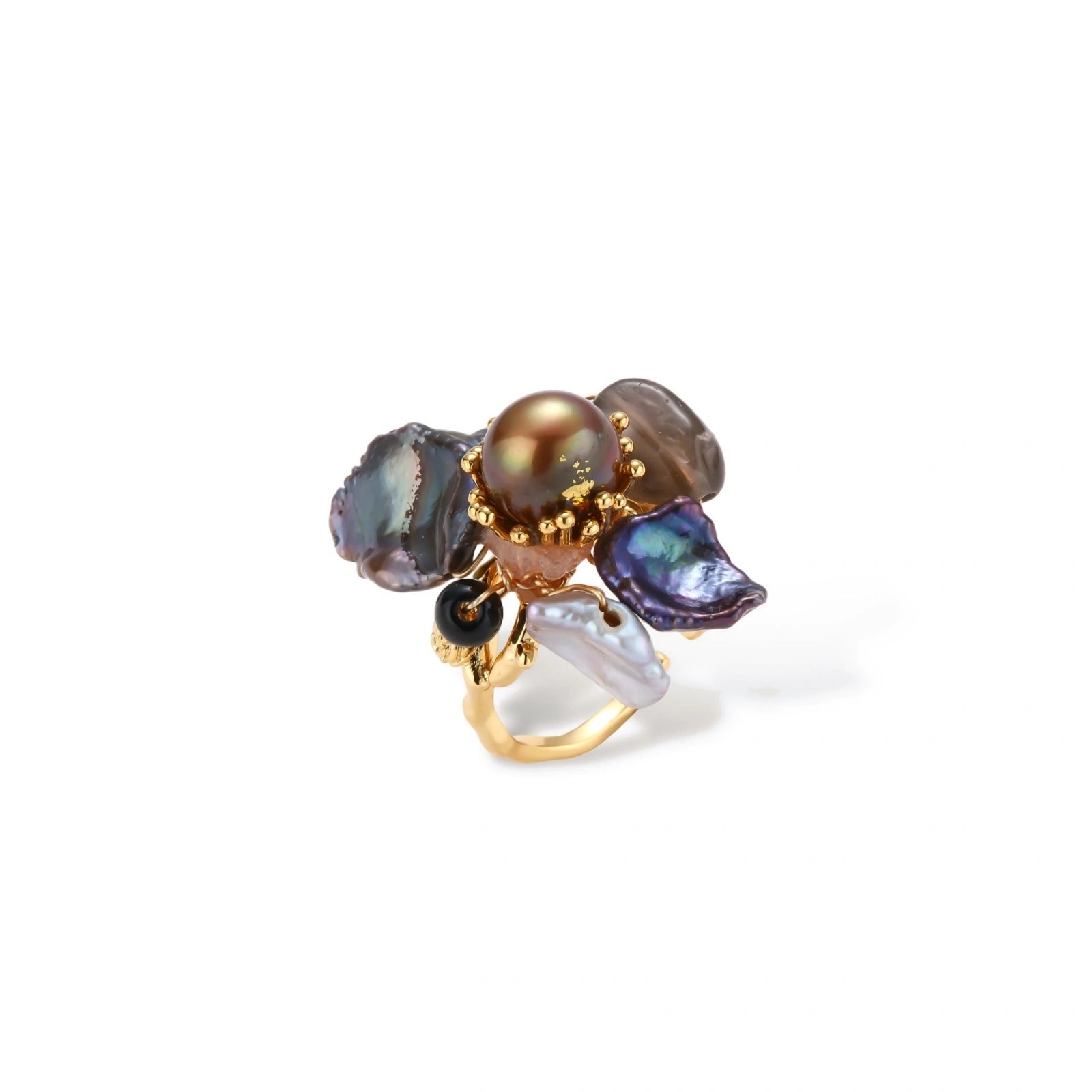 Adjustable gold-plated ring featuring clustered dark baroque pearls in organic arrangement on white background.