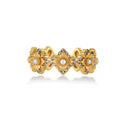 Gold-plated adjustable ring with multiple flower motifs, each featuring a central pearl and cubic zirconia stones