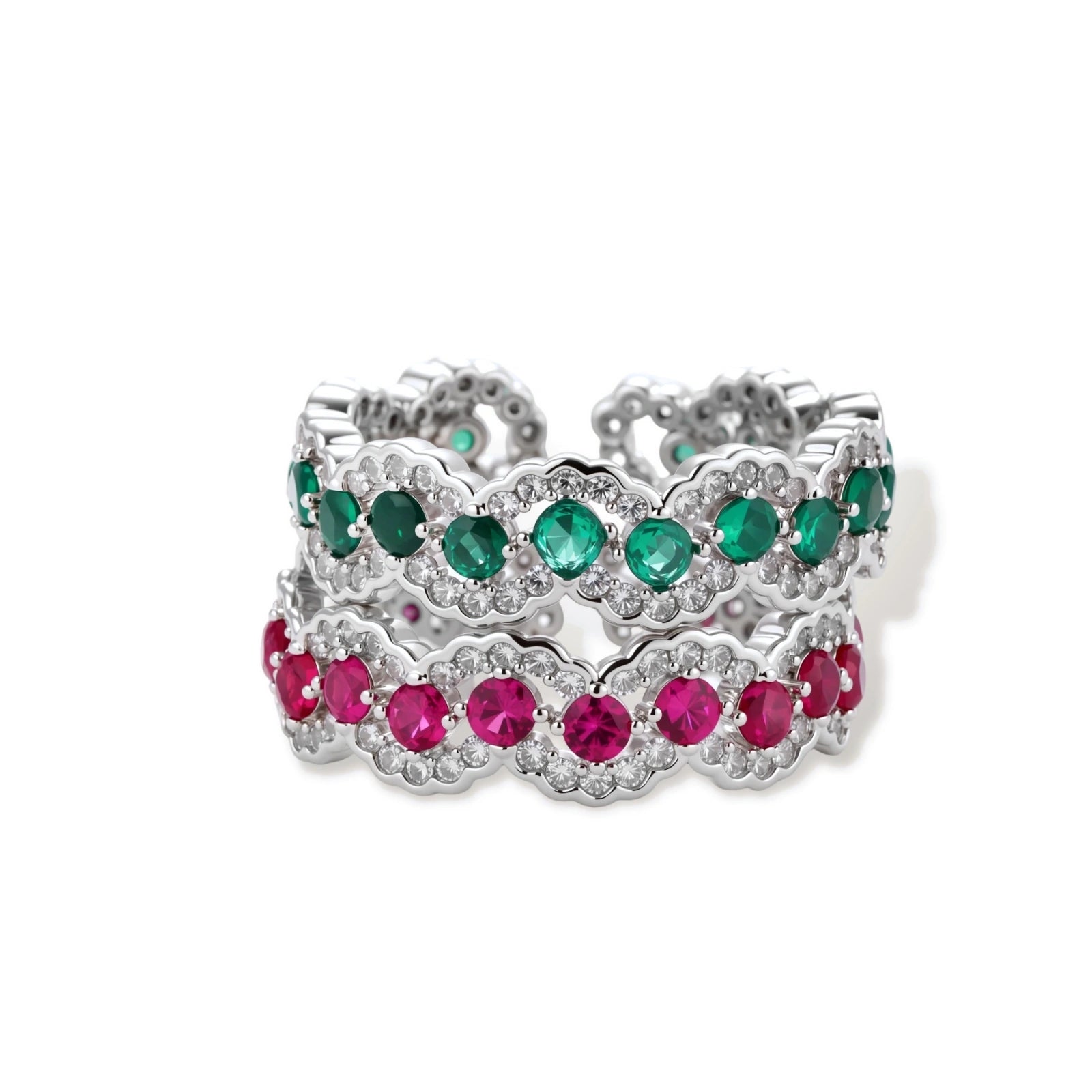 Platinum-plated copper ring with green zirconia stones in decorative scalloped wave pattern, adjustable band design.