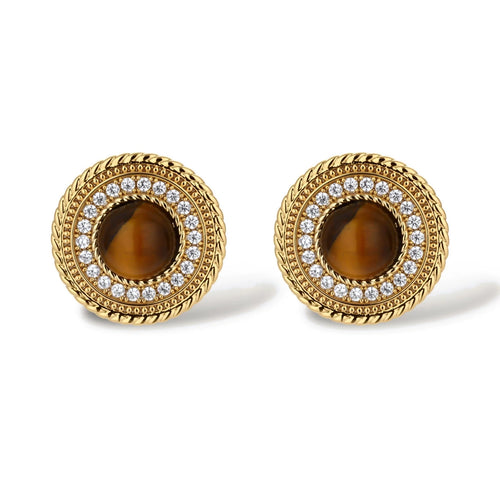 Gold-plated circular pendant necklace and matching earrings with natural stone centers and ornate rope detailing