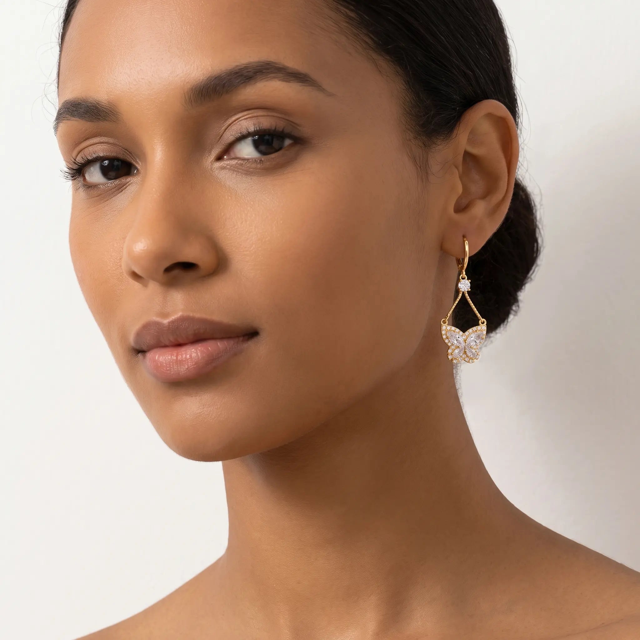 Zircon Butterfly Drop Earrings — pavé cubic zirconia butterfly with teardrop drop