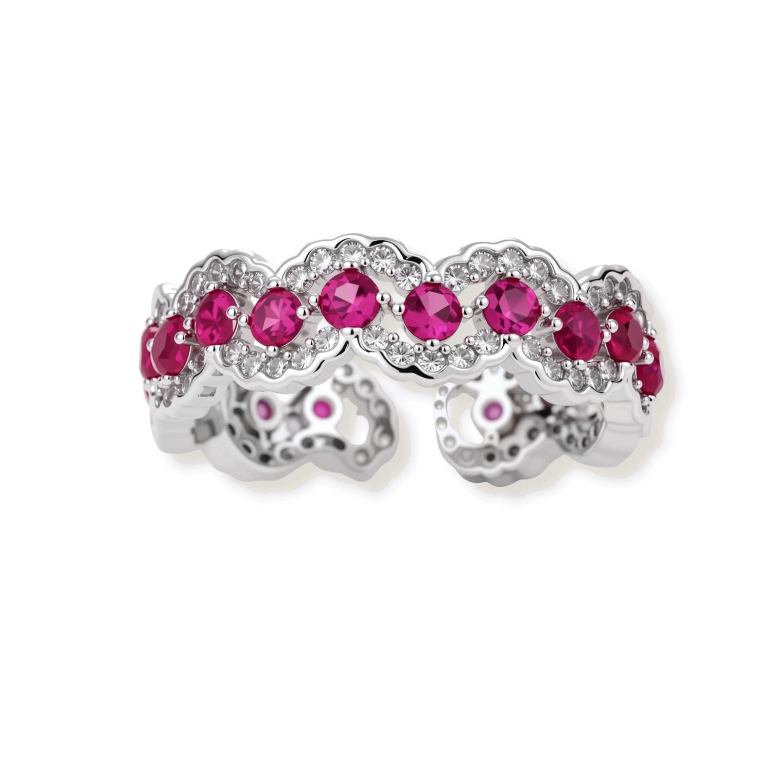 Ornate adjustable ring with pink cubic zirconia stones in white gold-plated copper setting with floral metalwork details