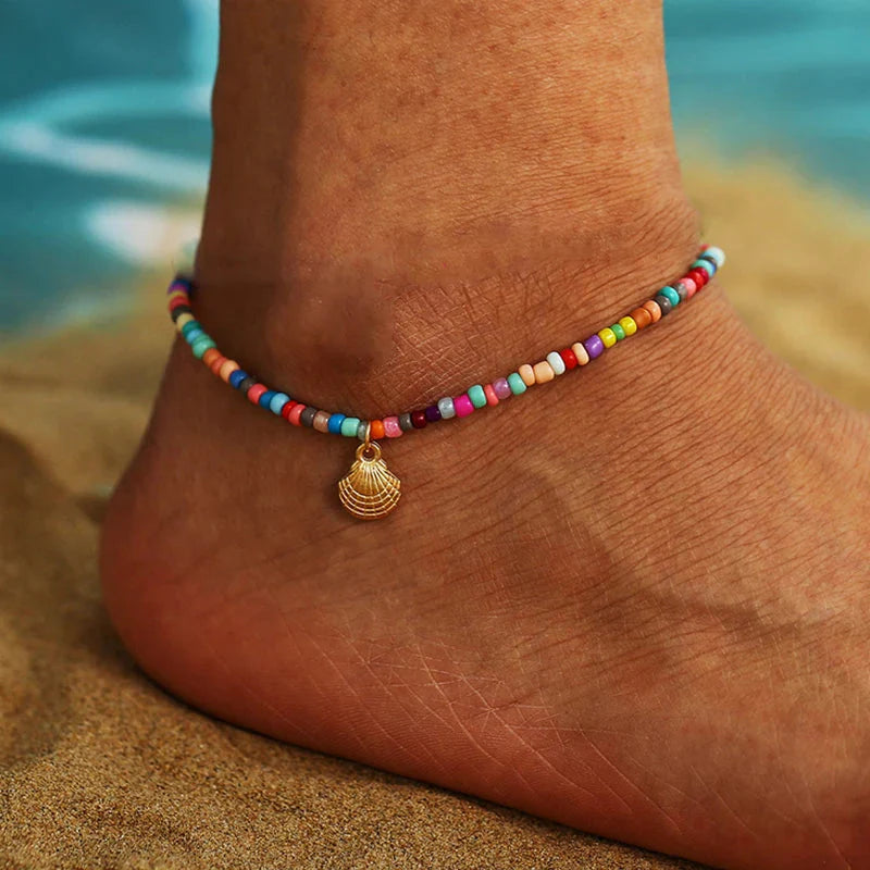 Bohemia Multilayer Rice Bead Anklet Set with Starfish Pendant for Women - Summer Beach Ankle Jewelry