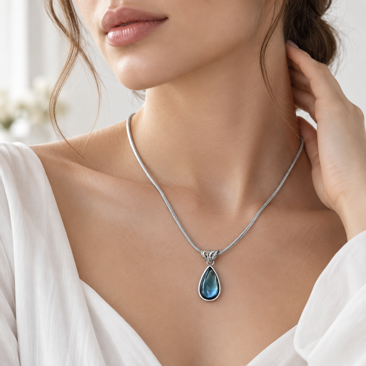 Blue Teardrop Pendant Necklace – Stainless Steel – alternate view 4