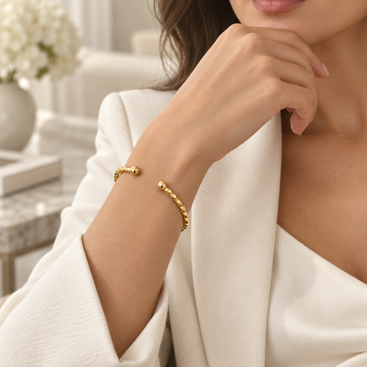 Hammered Cuff Bracelet – 18K Gold-Filled Stainless Steel – alternate view 1
