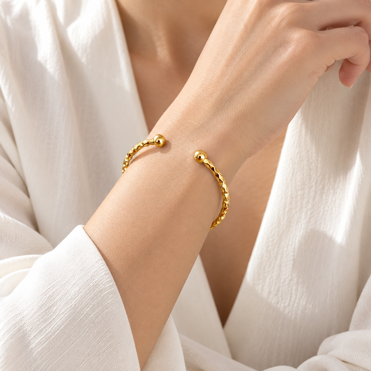 Hammered Cuff Bracelet – 18K Gold-Filled Stainless Steel – alternate view 3
