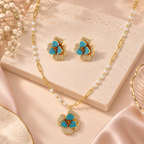 Blue Zirconia Floral Jewelry Set – Gold-Plated – alternate view 1