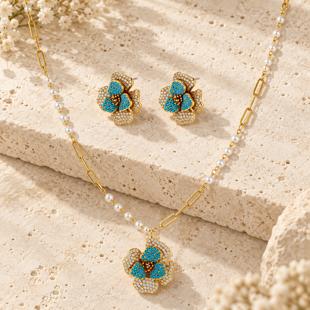Blue Zirconia Floral Jewelry Set – Gold-Plated – alternate view 3