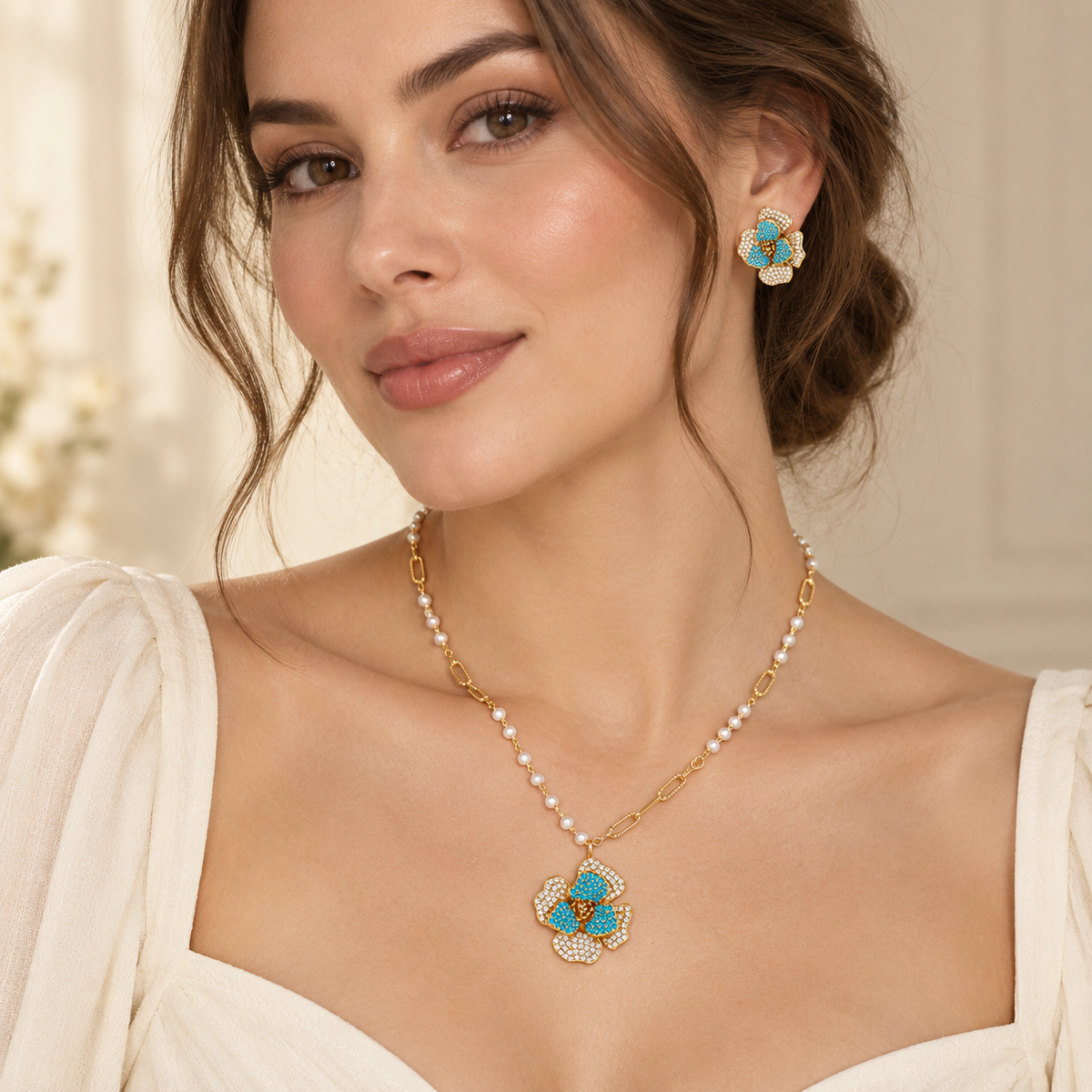 Blue Zirconia Floral Jewelry Set – Gold-Plated – alternate view 2