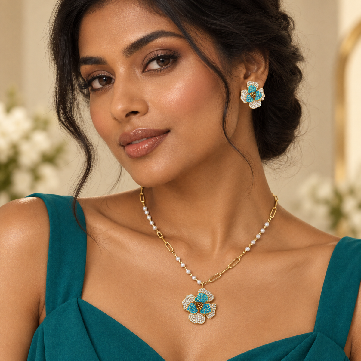 Blue Zirconia Floral Jewelry Set – Gold-Plated – alternate view 4