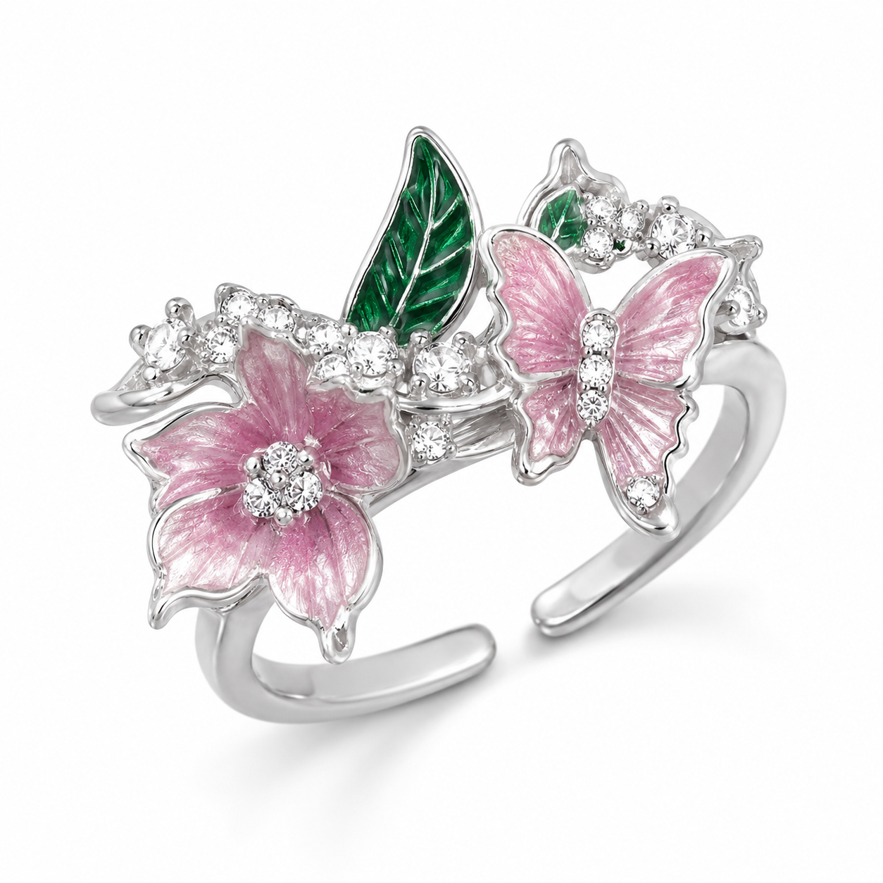Rose-gold-tone open ring with butterfly and leaf motif