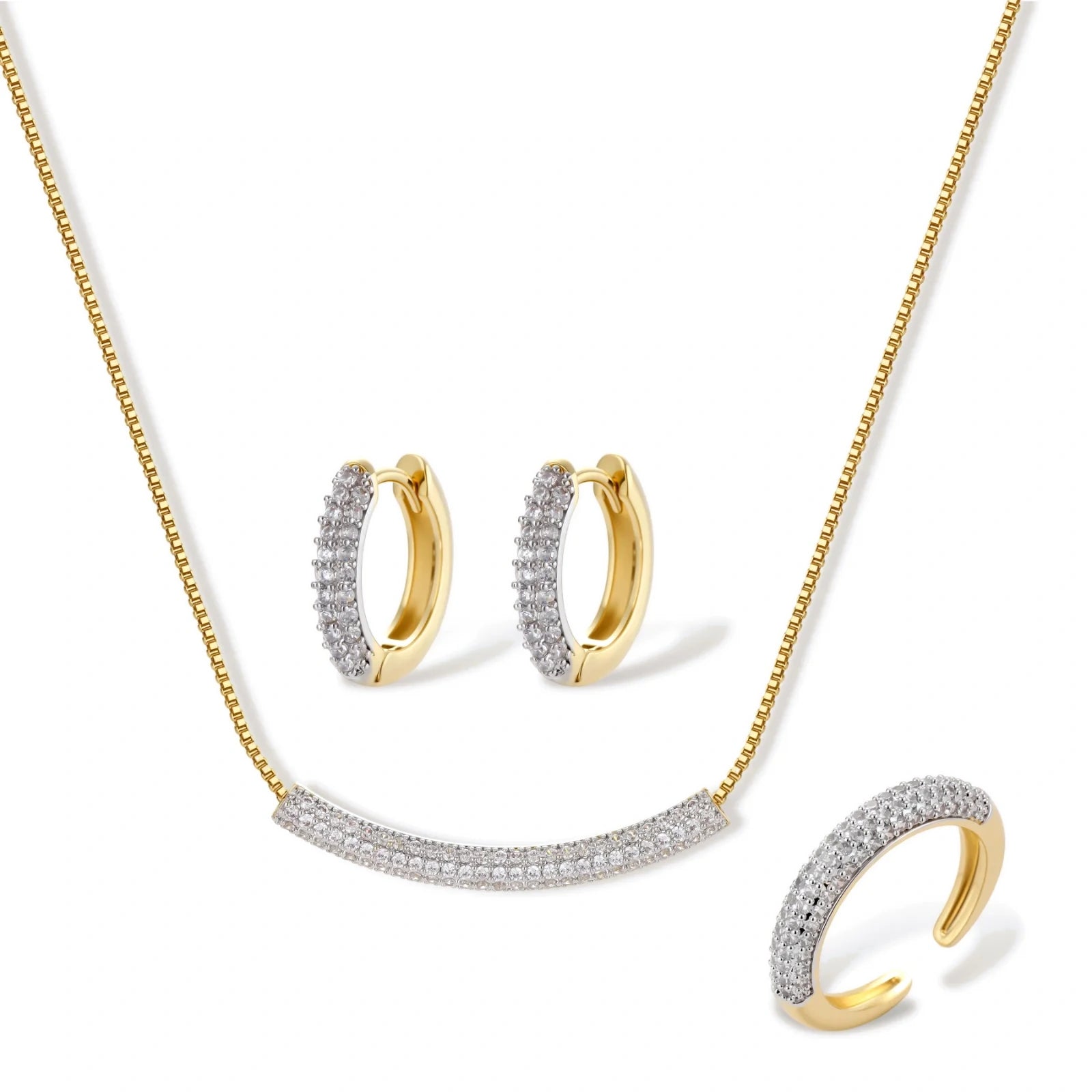 Gold-plated curved necklace, hoop earrings, and adjustable ring with pavé cubic zirconia stones on cream background.