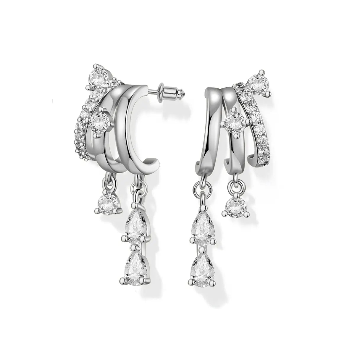 Triple Stack Huggie Earrings — three-tier huggie hoops with cubic zirconia drops