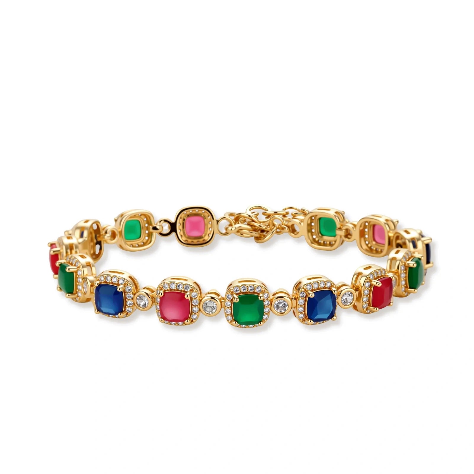 Gold-plated jewelry set with red, green, and blue cubic zirconia stones including necklace, bracelet, and drop earrings.
