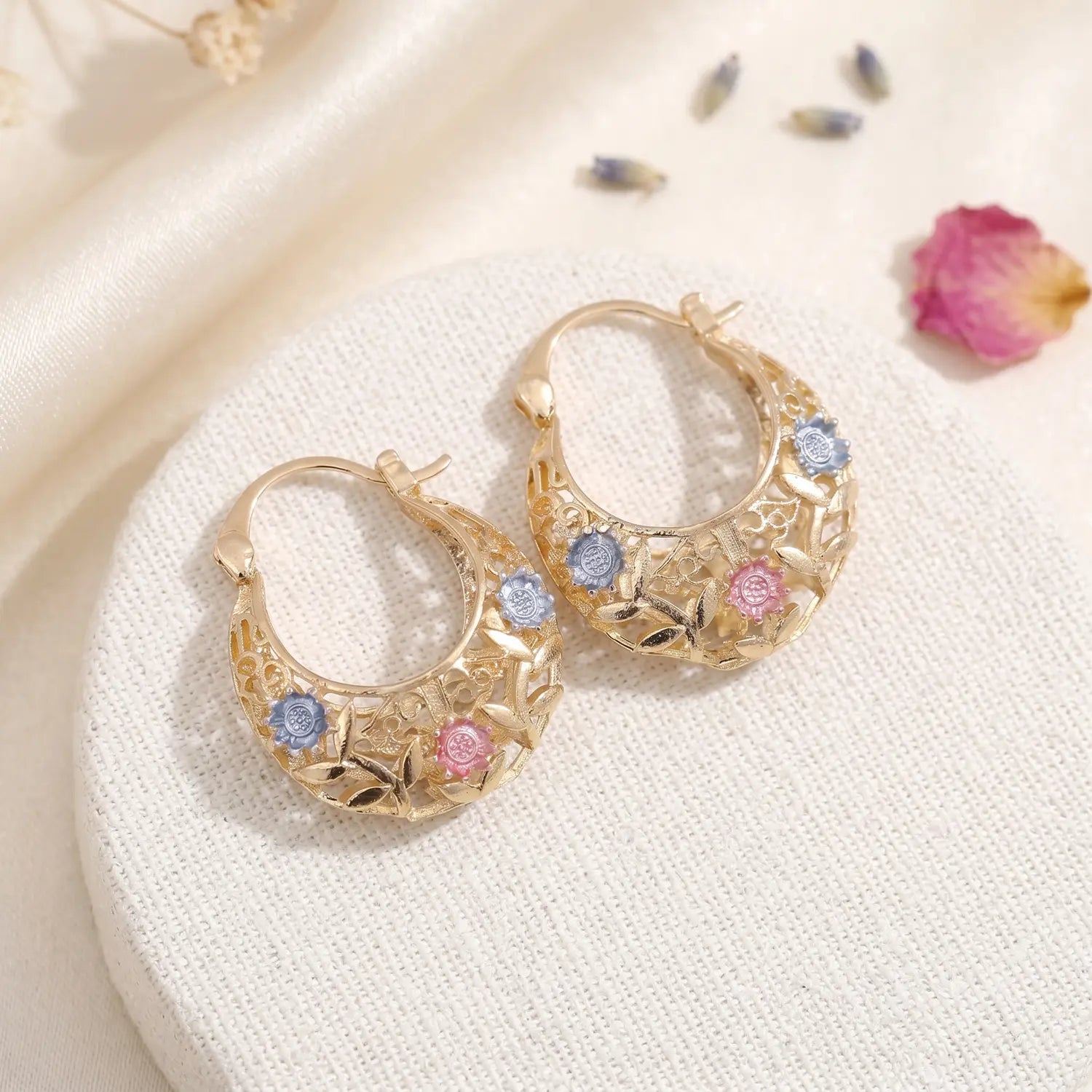Carved Leaf Hoop Earrings — open hoop with engraved leaf and flower detail