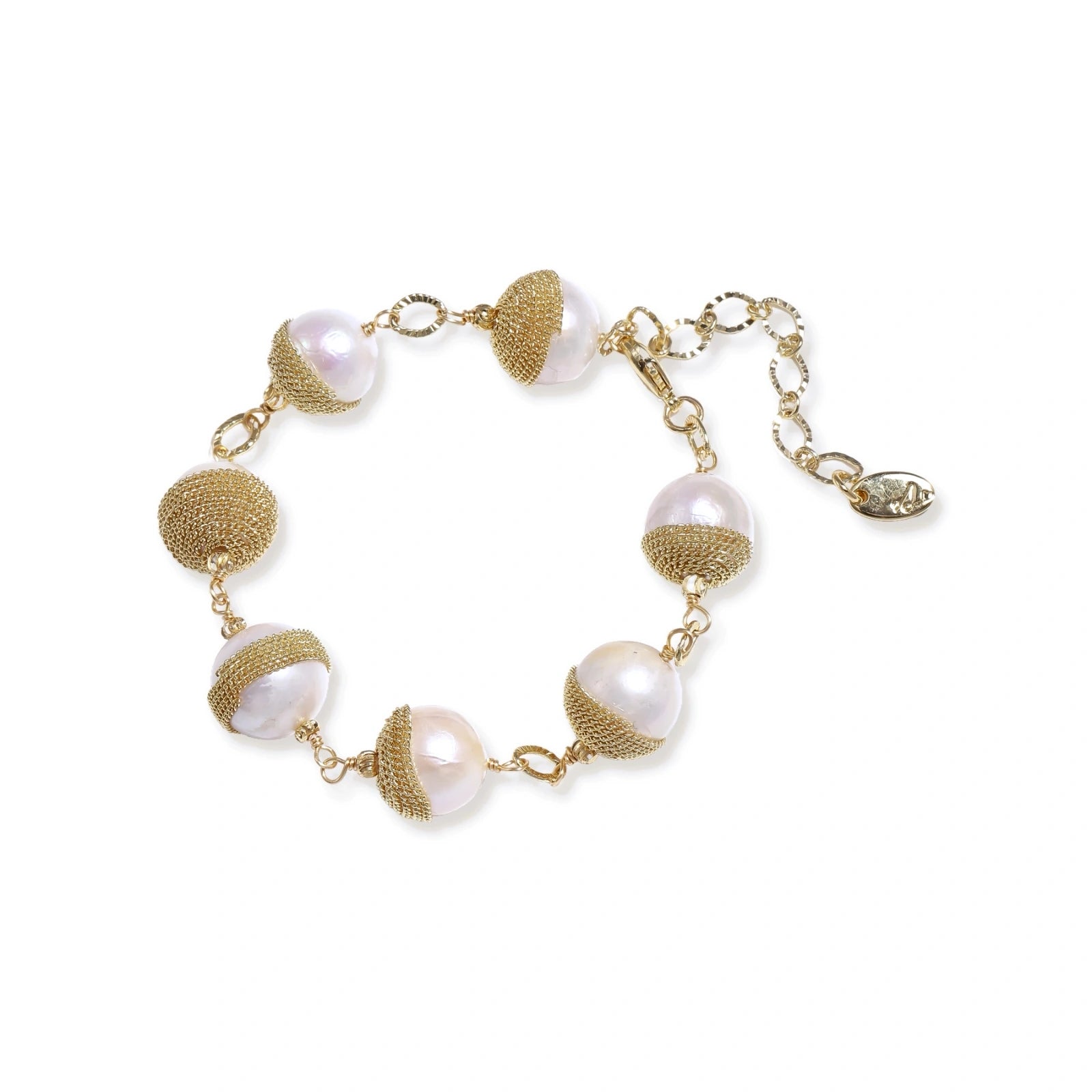 Adjustable bracelet with baroque pearls wrapped in delicate gold mesh netting connected by textured chain links