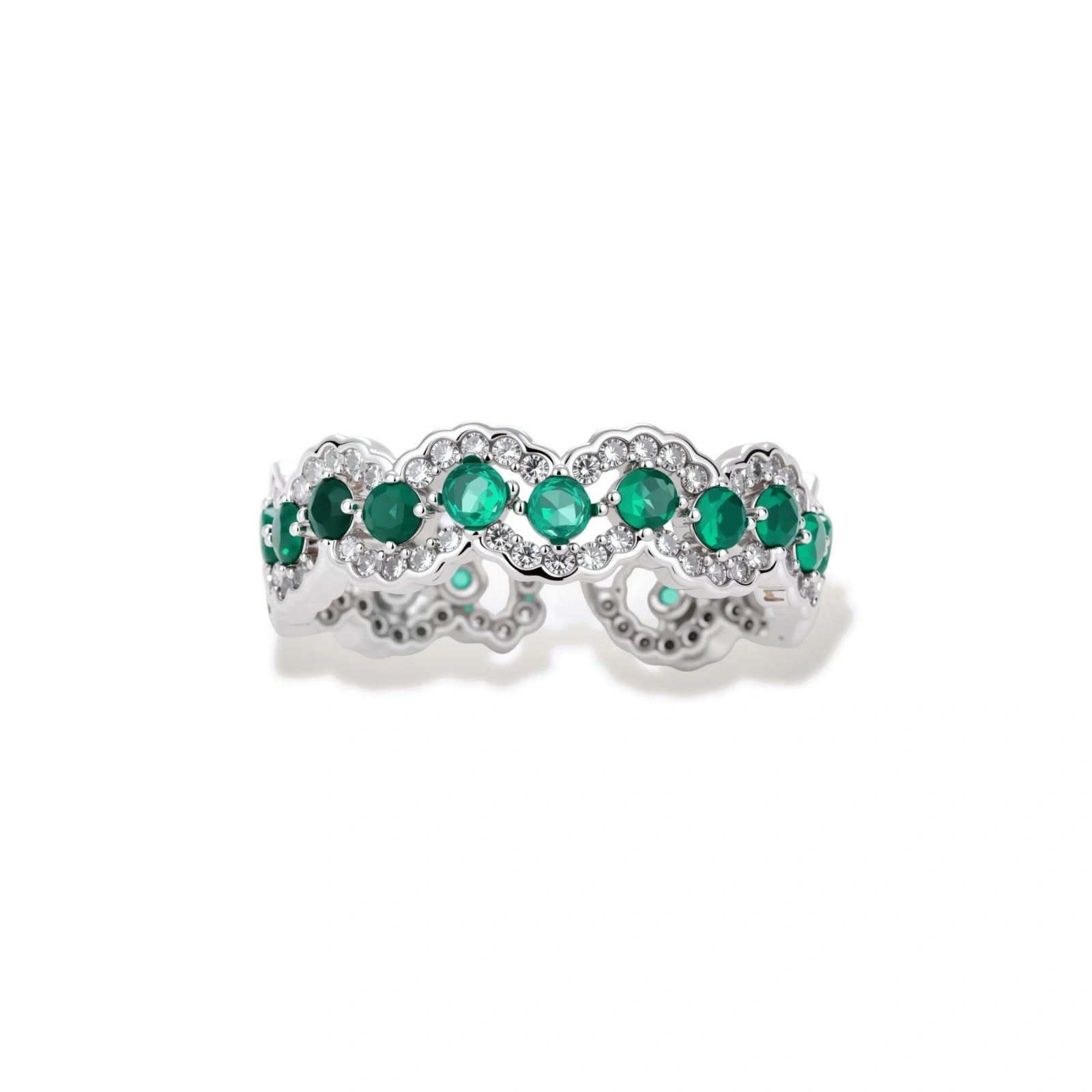 Platinum-plated copper ring with green zirconia stones in decorative scalloped wave pattern, adjustable band design.