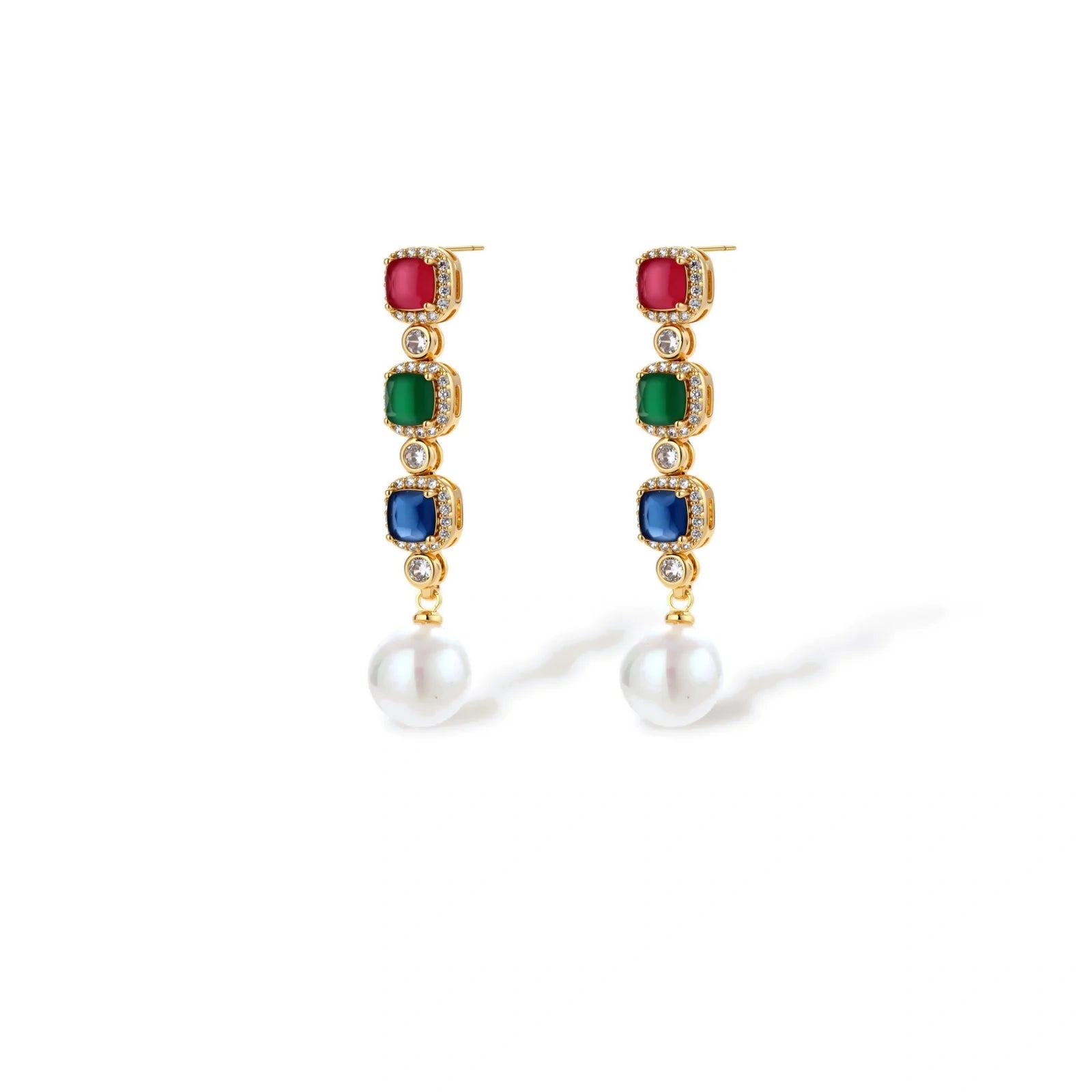 Gold-plated jewelry set with red, green, and blue cubic zirconia stones including necklace, bracelet, and drop earrings.