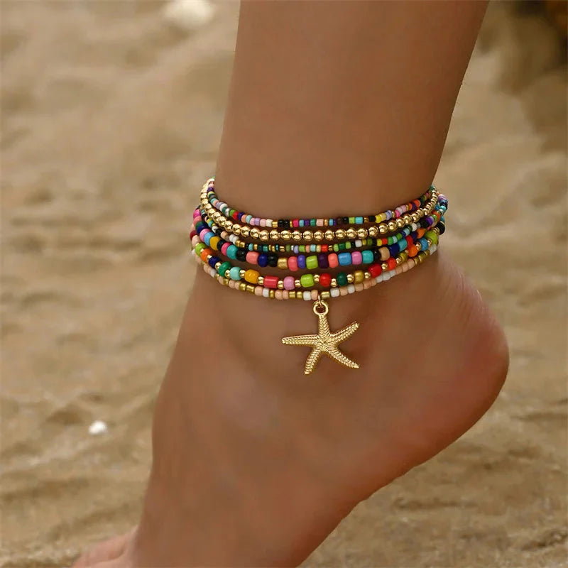 Bohemia Multilayer Rice Bead Anklet Set with Starfish Pendant for Women - Summer Beach Ankle Jewelry