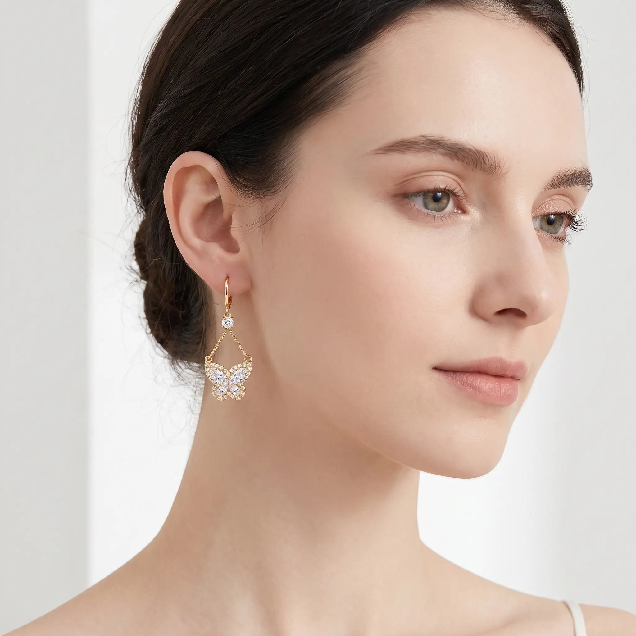 Zircon Butterfly Drop Earrings — pavé cubic zirconia butterfly with teardrop drop