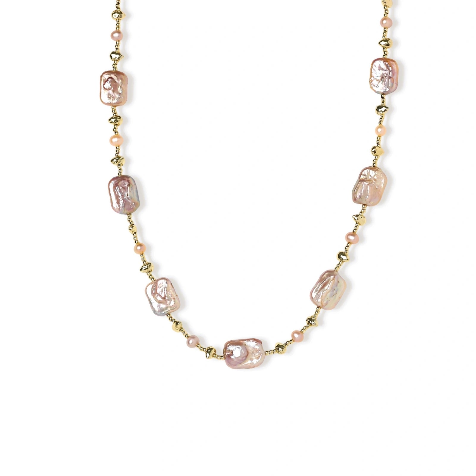 Iridescent baroque pearls alternating with small freshwater pearls on 14K gold-plated chain