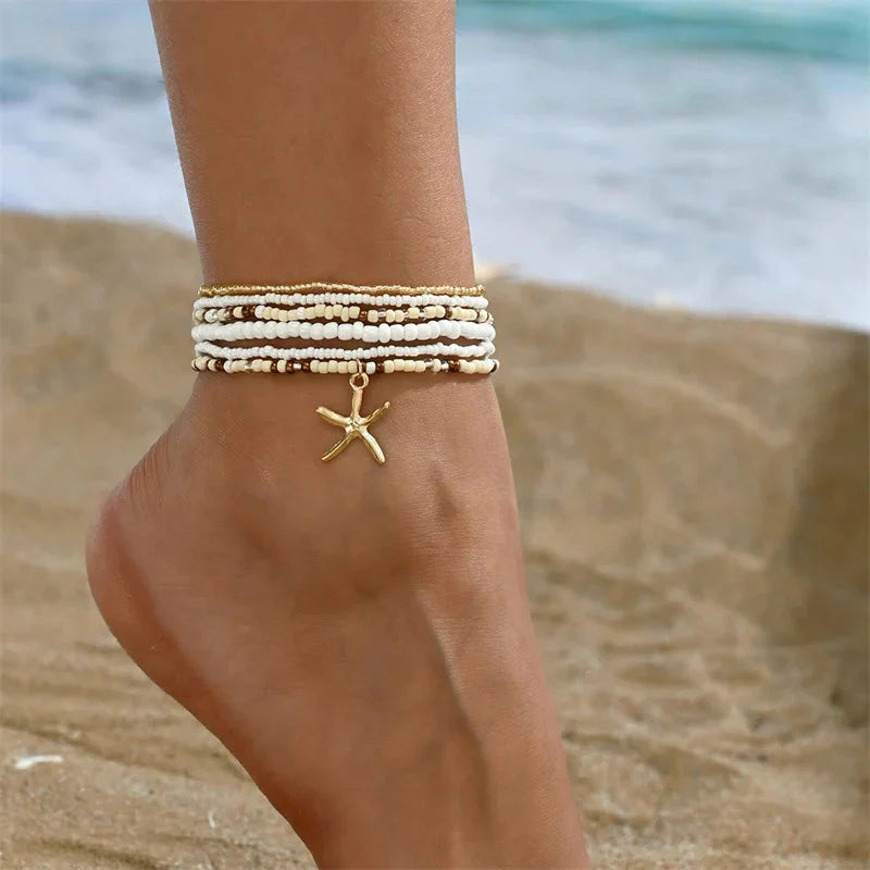 Bohemia Multilayer Rice Bead Anklet Set with Starfish Pendant for Women - Summer Beach Ankle Jewelry