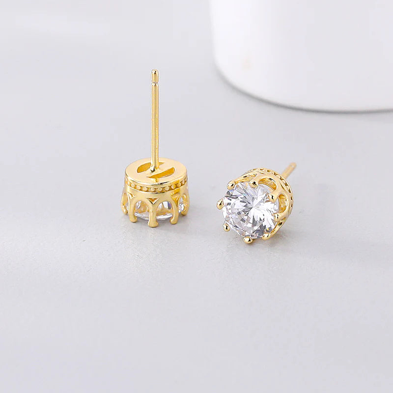 Crown Design Stud Earrings for Women - 1 Carat Cubic Zirconia, Crafted in 925 Sterling Silver with 18K Gold Plating
