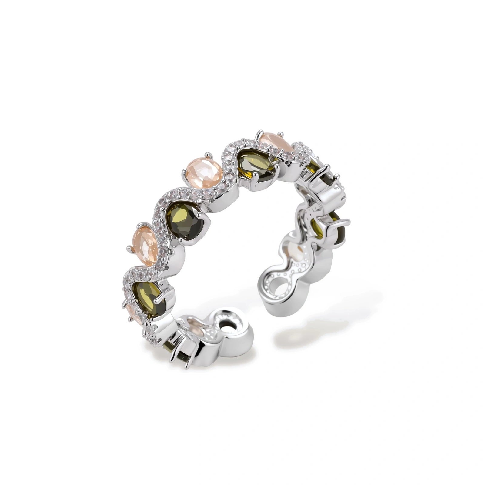 Adjustable copper ring with platinum plating, featuring alternating peach and green zirconia stones in organic wave pattern