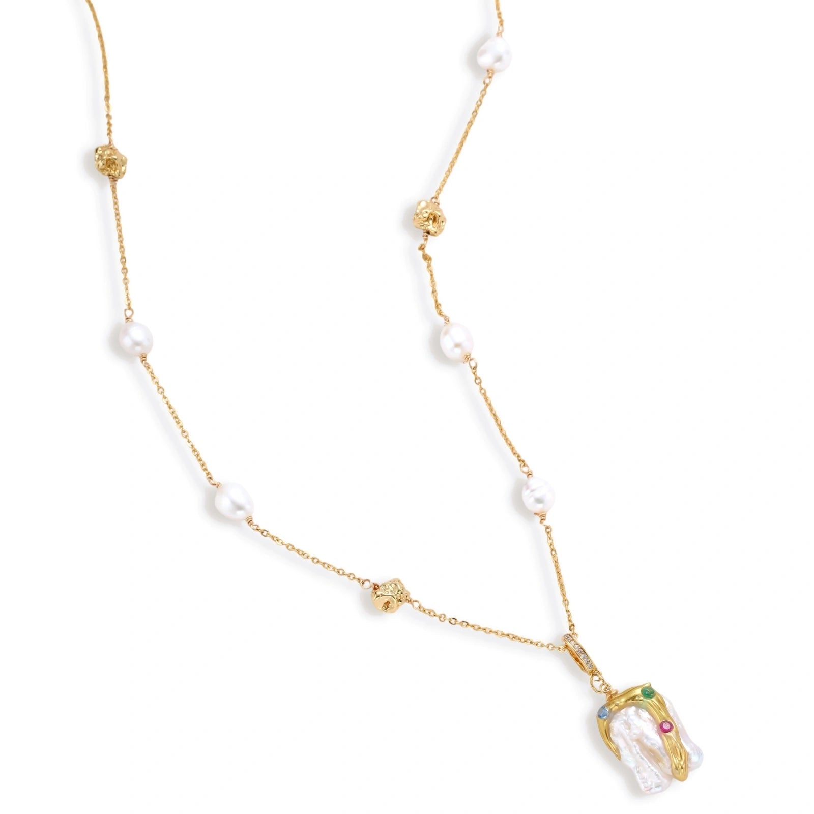 Delicate 18k gold-plated chain with baroque pearls and colorful enamel pendant featuring blue, pink accents on cream background.