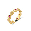 Gold-plated adjustable ring featuring alternating red and clear zircon stones set in geometric oval elements