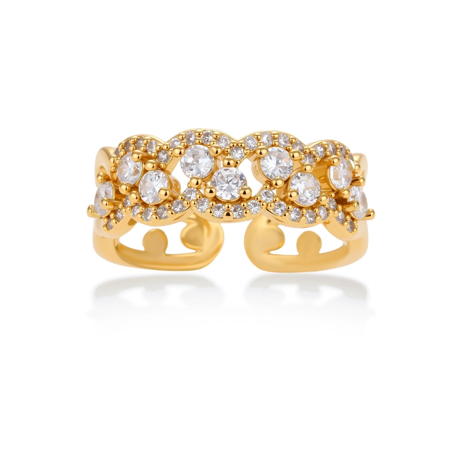 Adjustable gold-plated ring with multiple crystal clusters in intricate chain design on cream background.